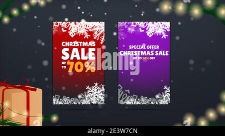 Weihnachtsangebot. Jetzt Zum Weihnachtsgeschäft. Viele verschiedene Neujahrsgeschenke auf dem festlichen Hintergrund. Frohe Weihnachten und Frohes neues Jahr. Farbig. Winter Stock Vektor