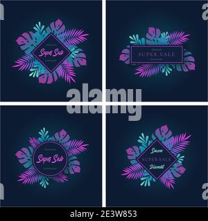 Fluoreszierende Gradient Monstera Palm Tropic Blätter Sommer Sale Karten, Banner Vorlagen Set. Trendy Retro Wave Farben Botanic Saisonale Werbung Stock Vektor