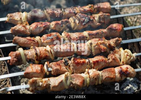 Spieße auf dem Grill auf die Natur Stockfoto