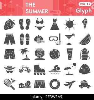 Sommer solide Icon-Set, Strand Symbole Sammlung oder Skizzen. Reise-und Urlaubsschilder für Web, Glyph Stil Piktogramm-Paket isoliert auf weiß Stock Vektor