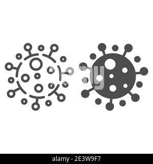 Coronavirus Zelllinie und feste Ikone, Covid-19 Epidemie Konzept, neuartige Coronavirus Bakterien Zeichen auf weißem Hintergrund, Virus Symbol in Umriss Stil für Stock Vektor