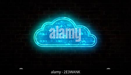 Cloud-Symbol, digitale Datenspeicherung, Computertechnik, Online-Datenbank und Cyber-Computing Neon-Zeichen auf Backsteinwand-Konzept. Abstraktes 3d-Rendering il Stockfoto