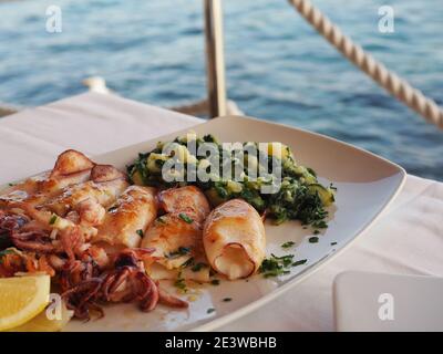 Gegrillter Tintenfisch mit gekochten Kartoffeln und Mangold - blitva - auf weißem Teller mit Meer auf Hintergrund. Traditionelle kroatische Küche. Rovinj, Juli 2017. Stockfoto