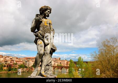 Blick auf Albi (Frankreich) und den Fluss Tarn mit seinen Brücken vom Bischofspalast. Stockfoto