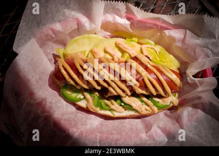 Garbo's Grill, Kogidog, 1/4 Pfund, alles Rindfleisch Hot Dog in Key West, FL, USA. Berühmte Destination Lage. Stockfoto