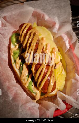 Garbo's Grill, Kogidog, 1/4 Pfund, alles Rindfleisch Hot Dog in Key West, FL, USA. Berühmte Destination Lage. Stockfoto