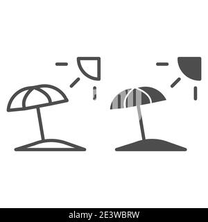 Sommerstrand mit Sonnenschirm und Sonnenlinie und solide Ikone, Sommerkonzept, Sonnenschirm Schild am weißen Hintergrund, Sonnenschirm Symbol im Umriss Stil Stock Vektor