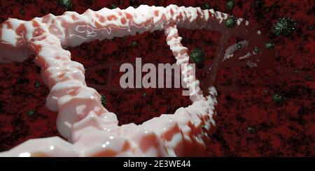 3d dna Darstellung mit rotem Hintergrund und Coronavirus überall Stockfoto