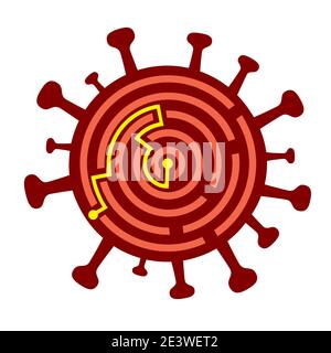 Coronavirus Symbol Labyrinth, Lösungskonzept. Illustration eines Labyrinths, das die Entdeckung des Coronavirus-Impfstoffs und die Lösung der weltweiten Pandemie symbolisiert. Stock Vektor