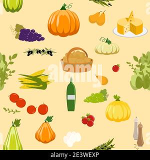 Bauern Lebensmittel Ernte, Wein, Käse, Gemüse, Obst. Flaches Design. Vektor nahtlose Musterdarstellung Stock Vektor