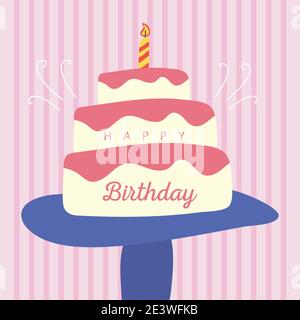 Happy Birthday Kuchen mit Kerze und Schriftzug Feier flache Stil Symbolvektor Illustration Design Stock Vektor