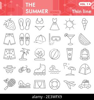 Sommer dünne Linie Icon-Set, Strand Symbole Sammlung oder Skizzen. Reise- und Urlaubsschilder für Web, lineares Piktogramm-Paket isoliert auf Weiß Stock Vektor