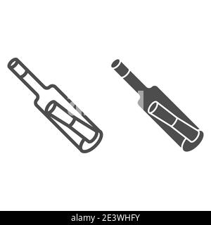 Hinweis in der Flasche Linie und solide Symbol, marine Konzept, Nachricht in der Flasche Zeichen auf weißem Hintergrund, Glasbehälter mit Kork und Notizpapier Symbol in Stock Vektor