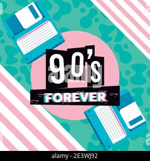 90s Forever Schriftzug mit Disketten im abstrakten Hintergrund Vektor Illustrationsdesign Stock Vektor