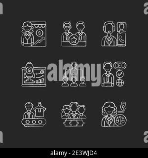 Unternehmenshierarchie Kreide weiße Symbole auf schwarzem Hintergrund gesetzt Stock Vektor