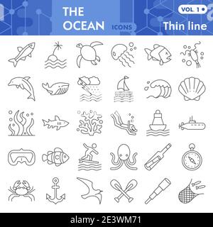 Ocean Thin Line Icon Set, nautische Symbole Sammlung oder Skizzen. Marine Life Signs für Web, linear Stil Piktogramm-Paket isoliert auf weiß Stock Vektor
