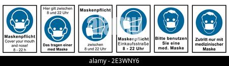 Satz von Zeichen, die sich auf die Maskenanforderung beziehen. Vektordatei Stock Vektor