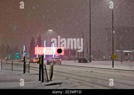 Unerwarteter und unerwarteter Schnee in Großbritannien von Storm Christoph, Manchester, Trafford Park, Trafford Centre Stockfoto