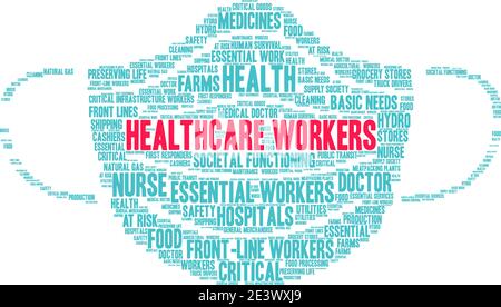 Mitarbeiter im Gesundheitswesen Wort Wolke auf einem weißen Hintergrund. Stock Vektor
