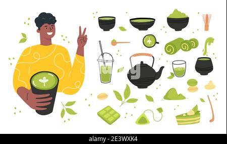 Mann mit einer Tasse Tee Matcha Stock Vektor