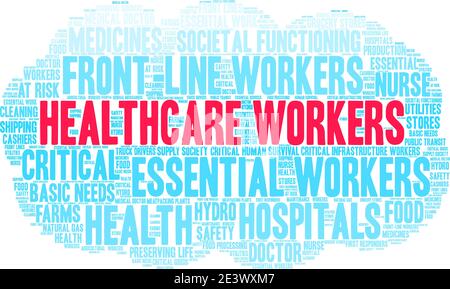 Mitarbeiter im Gesundheitswesen Wort Wolke auf einem weißen Hintergrund. Stock Vektor