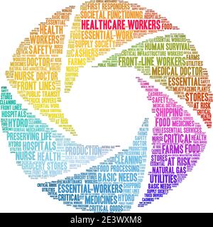 Mitarbeiter im Gesundheitswesen Wort Wolke auf einem weißen Hintergrund. Stock Vektor