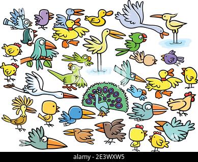Vögel Cartoon Cliparts Sammlung für Kinder Magazin und Malbücher. Stock Vektor