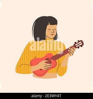 Musikerin. Mädchen mit einer kleinen Gitarre. Glückliche Frau in spielt Ukulele. Vektorgrafik isoliert auf weißem Hintergrund. Stock Vektor