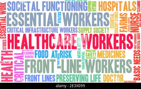 Mitarbeiter im Gesundheitswesen Wort Wolke auf einem weißen Hintergrund. Stock Vektor