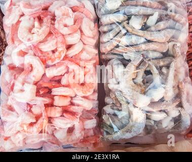 Zwei große Plastiktüten mit gefrorenen rohen und gekochten Garnelen, auf der Theke des Fischmarktes. Stockfoto