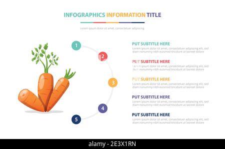 Karotten Gemüse Infografik Vorlage mit 5 farbigen Aufzählungszeichen Beschreibung vektorgrafik Stockfoto