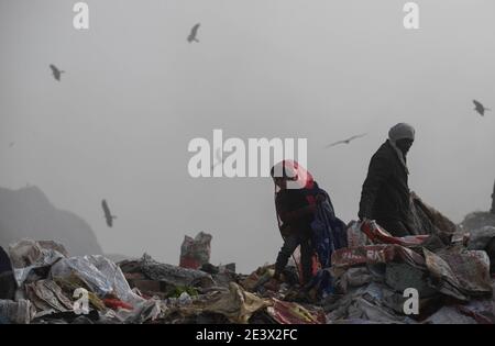 Neu Delhi, Indien. Januar 2021. Ein kleines Mädchen sucht auf der Mülldeponie Bhalswanach Wertstoffen. Quelle: Vijay Pandey/dpa/Alamy Live News Stockfoto