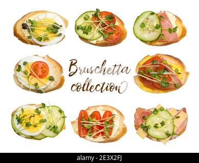 Sammlung von verschiedenen Bruschetten isoliert auf weißem Hintergrund. Sauce, Baguette, Speck, Ei, Tomaten, Gurken und Mikrogemüse. Stockfoto