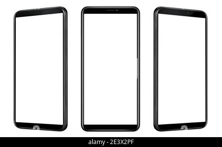 Drei schwarze Smartphone-Modelle mit leeren weißen Bildschirmen aus verschiedenen Winkeln, isoliert auf weißem Hintergrund Stockfoto