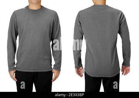 Mann trägt graues Langarm T-Shirt isoliert auf weißem Hintergrund. Vorder- und Rückansicht. Stockfoto