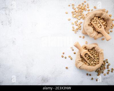 Grün und braun koffeinfrei geröstete Kaffeebohnen in Hanf Sack Taschen mit Kugeln Setup auf weißem Beton Hintergrund. Stockfoto