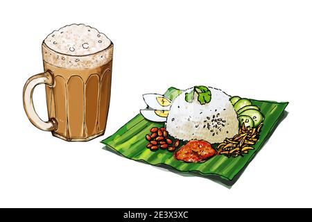 Teh Tarik und nasi lemak Illustration isoliert auf weiß Stockfoto