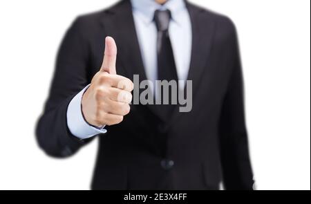 Geschäftsmann zeigt Daumen hoch Zeichen Geste isoliert auf weiß Stockfoto