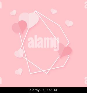 Nahaufnahme von abstrakten polygonalen geometrischen weißen Rahmen mit rosa Herzen. Vorlage leerer Text Banner für Valentinstag. Design Element Polyeder Rahmen für Hochzeit Einladungskarte. Vektorgrafik Stock Vektor