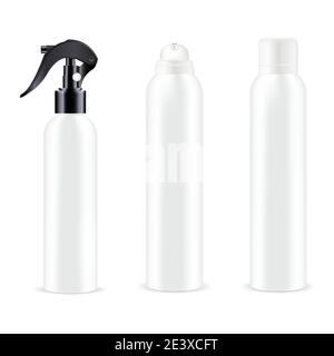 Weiße Sprühflasche. Aerosol Deodorant kosmetische Mockup. Lufterfrischer aus Aluminium. Pistolensprühbehälter mit Abzug, Zylinder WC-Auffrischungsbehälter Dose. C Stock Vektor