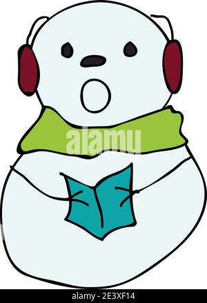 Schneemann Caroling in Schal und Ohrenschützer Vektor-Illustration isoliert Singen Stock Vektor