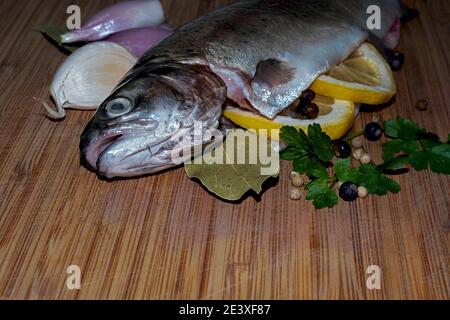 Frische, rohe Forelle mit Zitronenkeilen, Lorbeerblatt, Wacholderbeeren, Petersilie, Pfefferkörnern und Knoblauch Stockfoto