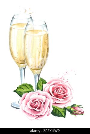 Liebe und Romantik. Rosenblüten und zwei Gläser Champagner. Hochzeitskonzept. Aquarell handgezeichnete Illustration, isoliert auf weißem Hintergrund Stockfoto