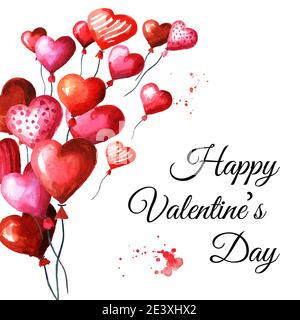Liebe und Romantik. Valentines Red Heart Ballons, Happy Valentines Day Karte. Aquarell handgezeichnete Illustration isoliert auf weißem Hintergrund Stockfoto