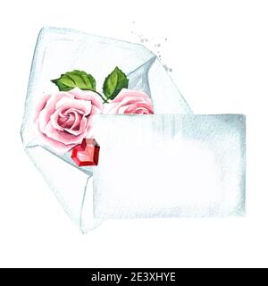 Valentinstagsumschlag mit Rosenblüten, Herz und leerem Brief mit Kopierraum. Aquarell handgezeichnete Illustration, isoliert auf weißem Hintergrund Stockfoto