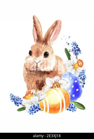 Frohe Osterkarte, Kranz mit bunten Eiern, Kaninchen und Frühlingsblumen. Handgezeichnete Aquarellillustration isoliert auf weißem Hintergrund Stockfoto