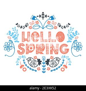 Schriftzug „Hello Spring“. Elemente für Einladungen, Poster, Grußkarten. Frohe Festtage Stock Vektor