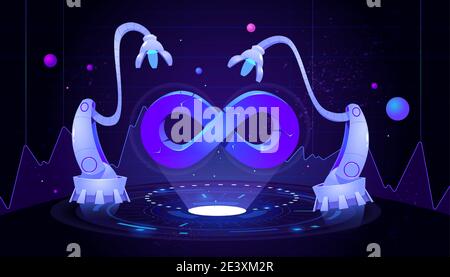 DevOps-Konzept. Entwicklungsbetrieb, kontinuierlicher Prozess der Softwareproduktion und -Administration. Vektor-Cartoon-Illustration mit Hologramm des Lebenszyklus Infinity-Symbol und Roboter Manipulatoren Stock Vektor