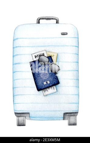 Handgezeichnete Aquarell-Illustration von blauen Koffer. Abbildung auf Reisen Stockfoto