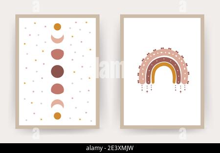 Poster mit abstraktem Regenbogen und Mond. Skandinavisches Design für Tapeten und Wohnkultur. Moderne geometrische Hintergründe. Moderner Vektor Stock Vektor
